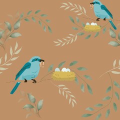 Illustration of blue birds feeding their chicks near nests with eggs, perched on leafy branches with soft green foliage on a warm brown background.