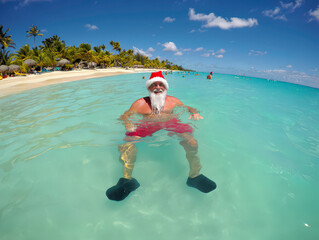 Santa’s hat and slippers rest on the beach, with a beautiful shoreline and horizon in the background, while he swims and enjoys the holiday season