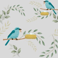 Illustration of blue birds feeding their young, perched on branches near nests with eggs, surrounded by soft green leaves on a light background.
