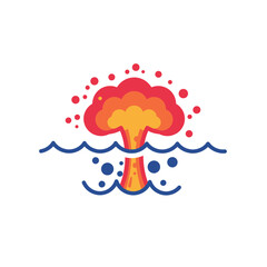 explosive volcanic eruption with ash plume and water waves