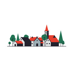 Fototapeta premium Small village with houses trees and church spire on white background