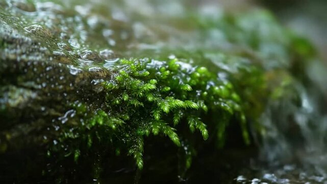 Close-up view of vibrant green moss growing on a wet rock surface with water droplets.