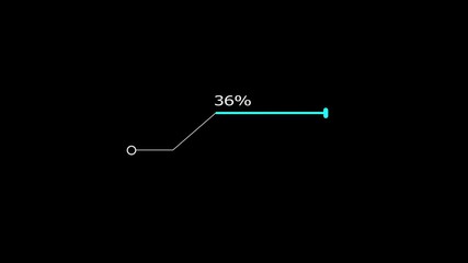 A dynamic cyan color line loading animation, and loading to completed 1 to 36% animation. on a black background. and creating a stunning 4k video.