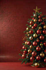 Elegant Christmas tree with red and gold ornaments on red background