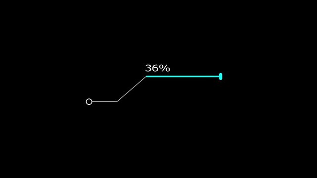 A dynamic cyan color line loading animation, and loading to completed 1 to 36% animation. on a black background. and creating a stunning 4k video.
