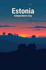 Estonia Independence Day landscape silhouette at sunset with stars  