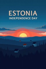 Colorful sunset over landscape with houses for Estonia Independence Day  