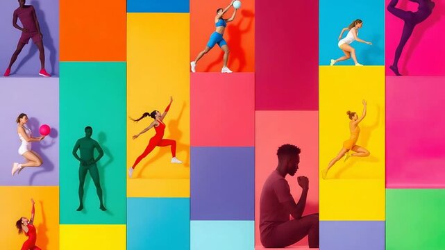 A colorful collage of diverse athletes engaged in various sports and fitness activities on vibrant backgrounds.
