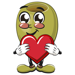 cute green olive mascot cartoon character isolated vector illustration holding a big heart, work of hand drawn