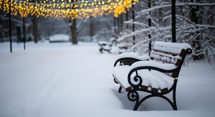 Snow covered park bench under twinkling lights in winter