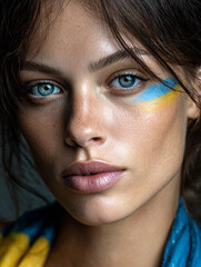 Close-up portrait of a determined woman with Ukrainian flag paint on her cheek, confident gaze, dramatic lighting