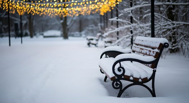 Snow covered park bench under twinkling lights in winter