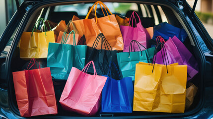 Car trunk filled with colorful shopping bags after big sale