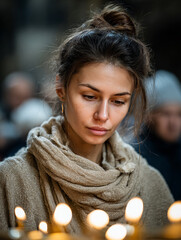 Woman lighting a candle in a dark cathedral, praying for peace in Ukraine, soft and spiritual atmosphere 