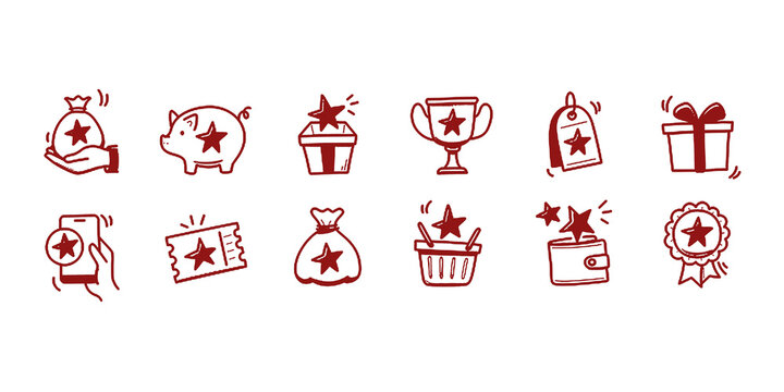 Reward bonus gift icon set. Benefit reward bonus loyalty prize hand drawn sketch line pen stroke style icon. Benefit gift coupon, loyalty card sketch doodle drawn collection. Vector illustration