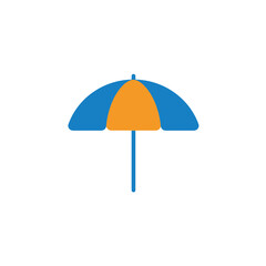 Colorful open umbrella with blue and orange panels on white background