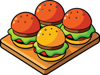 Four Mini Hamburgers On A Wooden Platter mini burger slider vector illustration EPS file download.
