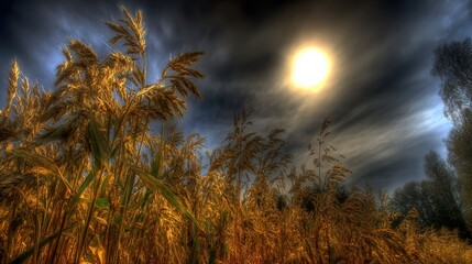Golden wheat fields under dramatic sky with bright sunlight