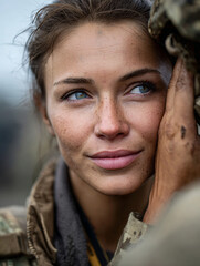 Close-up woman gently wiping dirt from Ukrainian soldierвАЩs face, battlefield behind