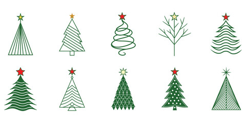 Collection of festive christmas trees with colorful decorations and snowflakes