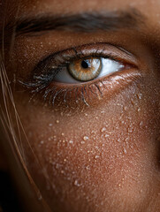 Macro her eye reflecting explosion flash, tears and dust mixing 