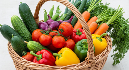Fresh assorted vegetables in a wicker basket isolated on transparent background