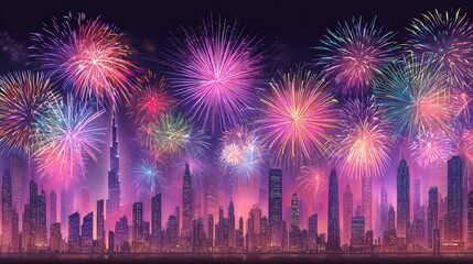 Vibrant fireworks display over urban skyline at night celebrating special occasions