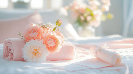 Soft pastel ranunculus and dahlia bouquet, rolled pink towel, and ribbon-tied scroll creating serene, elegant, and romantic morning scene on white bed, bathed in gentle natural light.