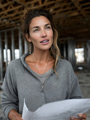 Medium woman holding blueprint and speaking to engineers amid half-rebuilt houses 