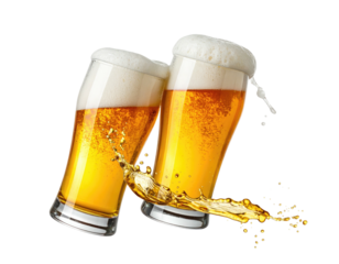 Two glasses of beer clinking together with a splash.