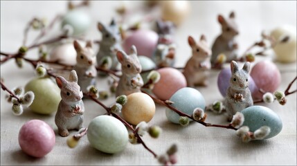 Charming easter scene with decorative rabbits and pastel eggs on a soft background