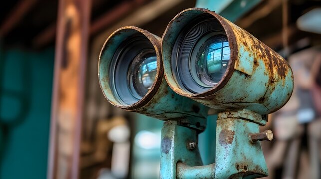 Vintage binoculars with weathered blue paint and rust details closeup