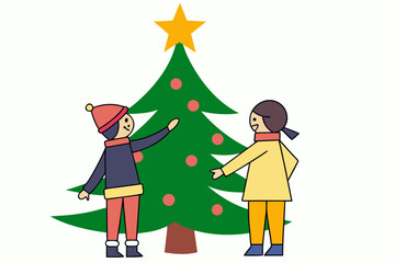 Happy Children Decorating Christmas Tree Vector Illustration, Isolated on White Background