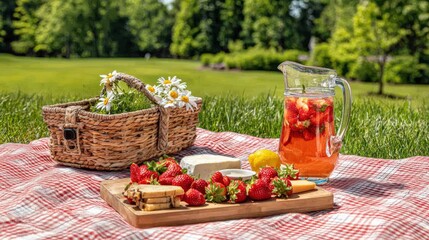 Summer picnic setup with fresh strawberries and refreshing beverage