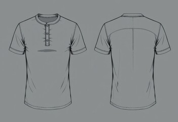 Plantilla de dibujo técnico de camisa henley de manga corta para hombre, boceto plano vectorial con tapeta de botones, vistas frontal y posterior