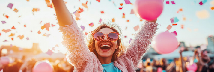 Excited woman with sunglasses, arms raised, laughing amidst shower of colorful confetti and pink balloons at sunny outdoor celebration event