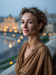 Portrait of a woman on a balcony overlooking Kyiv, city lights in background, symbol of new leadership