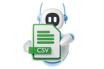 3d robot holding csv file icon. data import concept. Minimal cartoon data file spreadsheet excel sheet for app banner and dashboard. isolated on white background. 3d render.