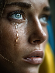 Macro shot teardrop on a womanвАЩs cheek reflecting Ukrainian flag, deep emotional focus, soft cinematic light