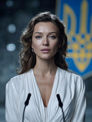 Heroic woman addressing the nation on television, with Ukrainian emblem behind, cinematic lighting 