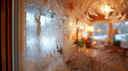 Frosted window design creating intricate patterns with soft lighting in a cozy indoor setting