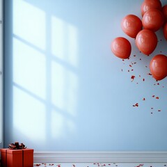 Vibrant red balloons float near a gift box, scattering confetti, creating a festive celebratory atmosphere in a bright, modern room bathed in sunlight.