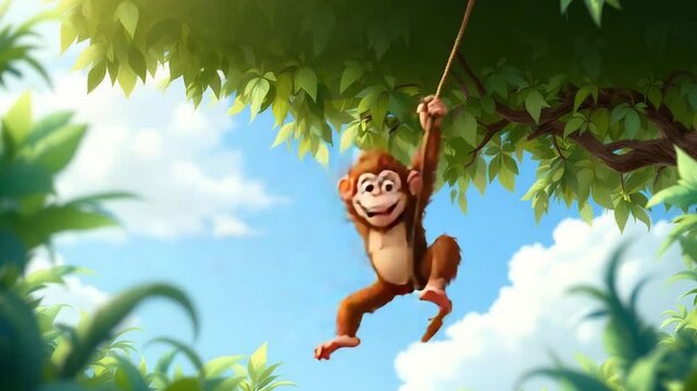 Cartoon monkey swinging from a tree branch with a rope in a jungle setting.