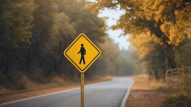 Yellow road sign warning on empty country road / safety concept