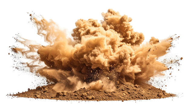 Powerful explosion of brown dust and dirt scattering outwards.