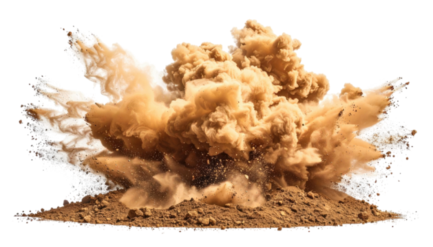 Powerful explosion of brown dust and dirt scattering outwards.