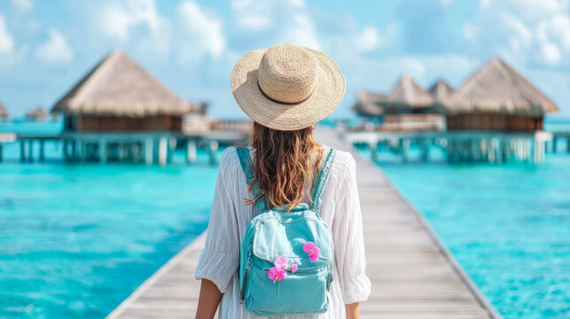 Solo traveler in straw hat and floral backpack walks on long wooden pier over stunning turquoise ocean water towards luxury overwater bungalows, embodying tranquil tropical vacation. - Powered by Adobe