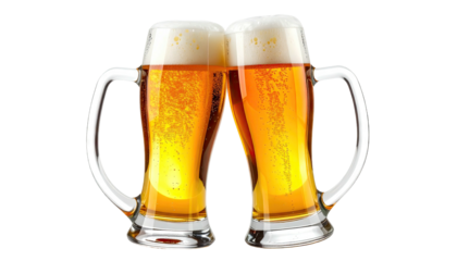 Two Frothy Beer Glasses Clinking Together For A Toast Celebration.