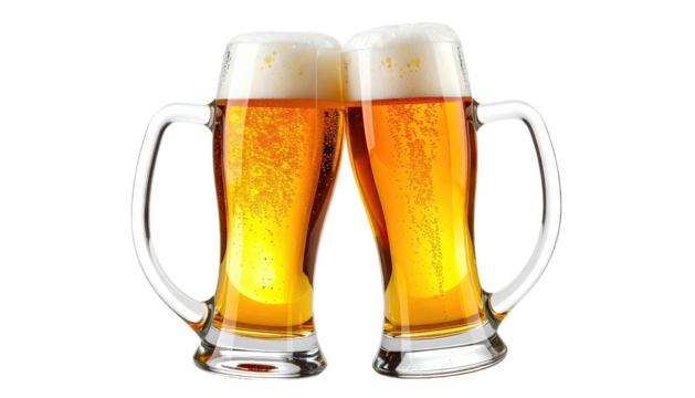 Two Frothy Beer Glasses Clinking Together For A Toast Celebration.