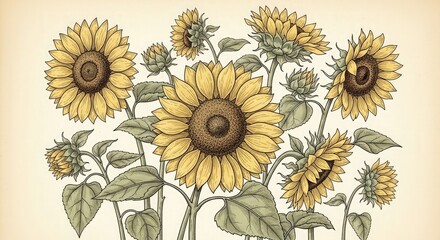 Sunflower botanical illustration yellow flower floral art print nature garden art drawing sunflowers field summer
